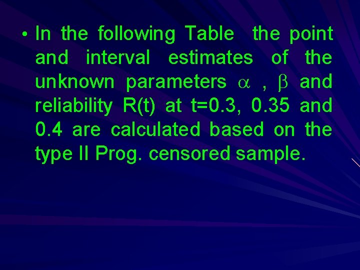  • In the following Table the point and interval estimates of the unknown