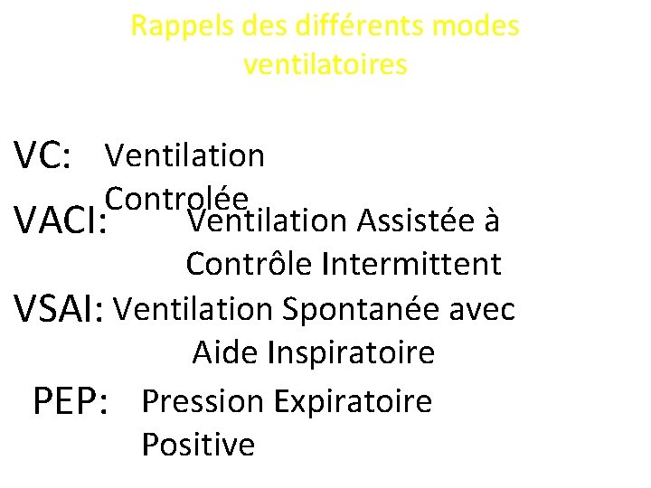 Rappels des différents modes ventilatoires VC: Ventilation Controlée Ventilation Assistée à VACI: Contrôle Intermittent