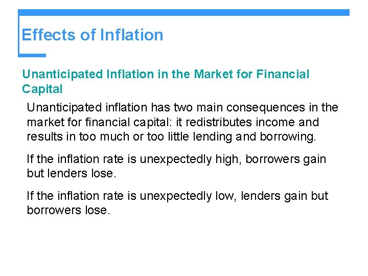 Effects of Inflation Unanticipated Inflation in the Market for Financial Capital Unanticipated inflation has