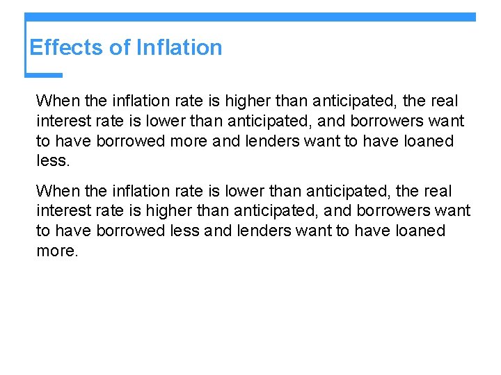 Effects of Inflation When the inflation rate is higher than anticipated, the real interest