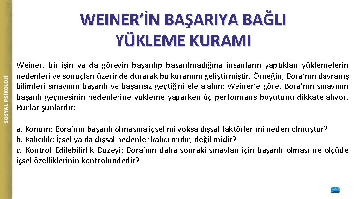 WEINER’İN BAŞARIYA BAĞLI YÜKLEME KURAMI Weiner, bir işin ya da görevin başarılıp başarılmadığına insanların