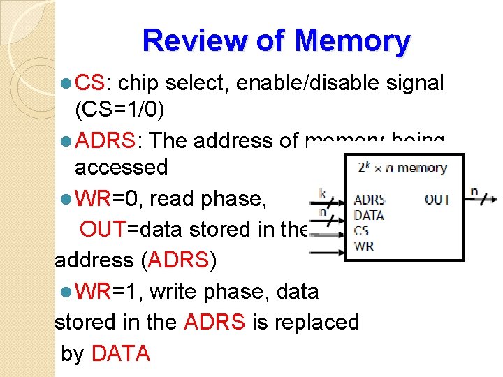 Review of Memory l CS: chip select, enable/disable signal (CS=1/0) l ADRS: The address