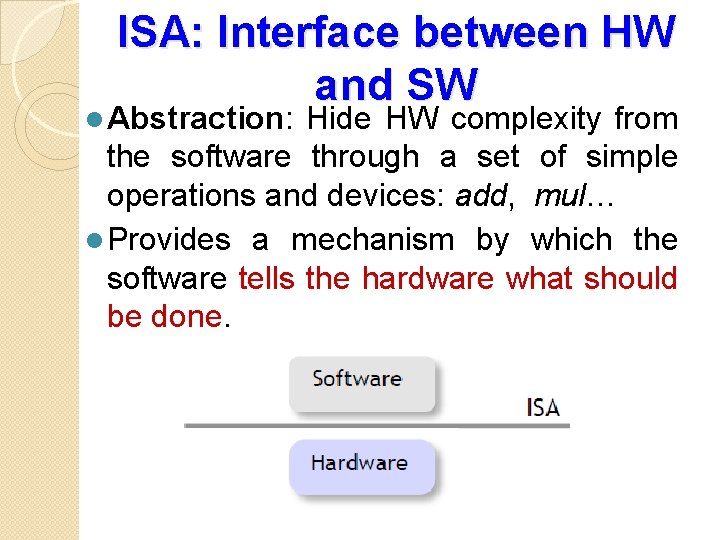 ISA: Interface between HW and SW l Abstraction: Hide HW complexity from the software