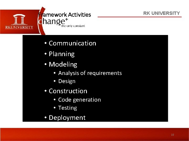 Framework Activities RK UNIVERSITY • Communication • Planning • Modeling • Analysis of requirements