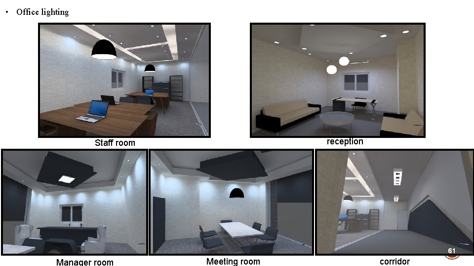  • Office lighting reception Staff room 61 Manager room Meeting room corridor 