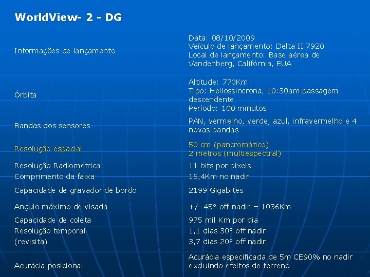 World. View- 2 - DG Informações de lançamento Data: 08/10/2009 Veículo de lançamento: Delta