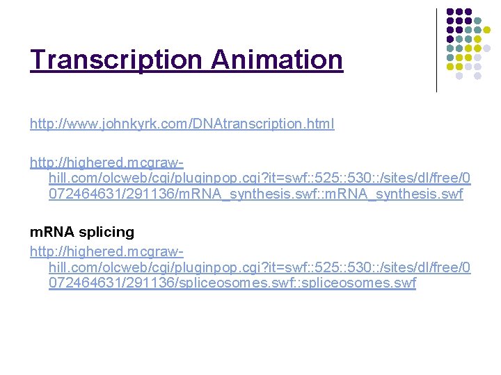Transcription Animation http: //www. johnkyrk. com/DNAtranscription. html http: //highered. mcgrawhill. com/olcweb/cgi/pluginpop. cgi? it=swf: :