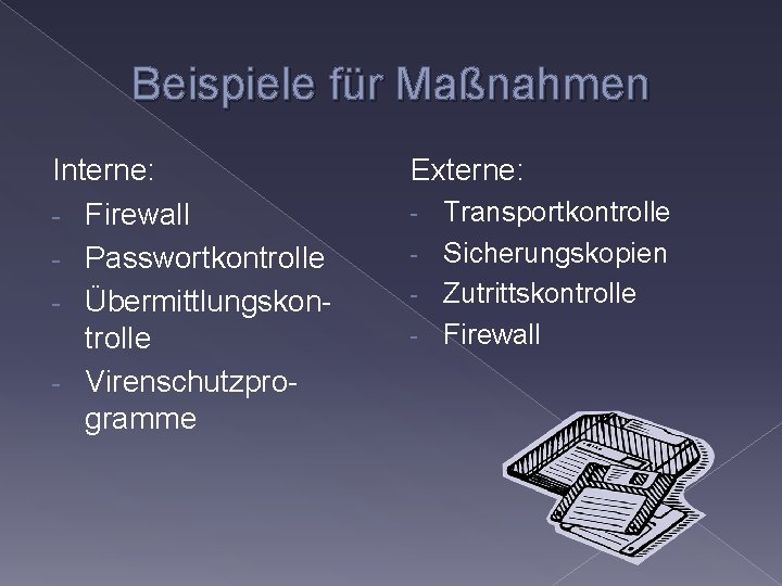 Beispiele für Maßnahmen Interne: - Firewall - Passwortkontrolle - Übermittlungskontrolle - Virenschutzprogramme Externe: Transportkontrolle