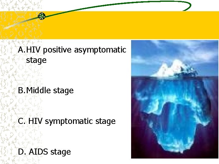 A. HIV positive asymptomatic stage B. Middle stage C. HIV symptomatic stage D. AIDS