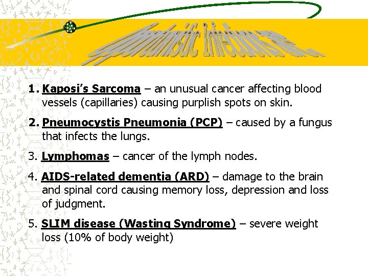 1. Kaposi’s Sarcoma – an unusual cancer affecting blood vessels (capillaries) causing purplish spots