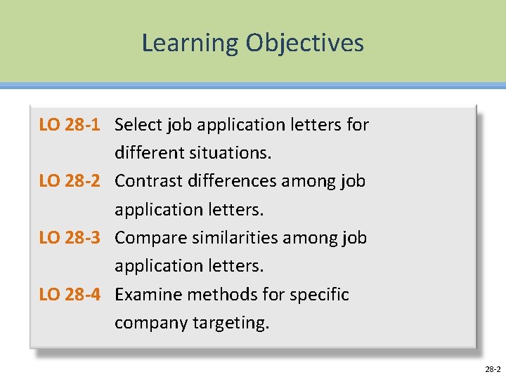 Learning Objectives LO 28 -1 Select job application letters for different situations. LO 28