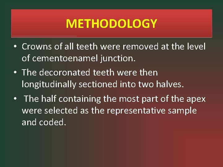METHODOLOGY • Crowns of all teeth were removed at the level of cementoenamel junction.