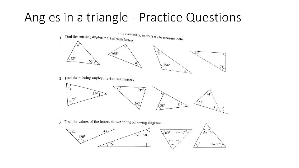 Angles in a triangle - Practice Questions 