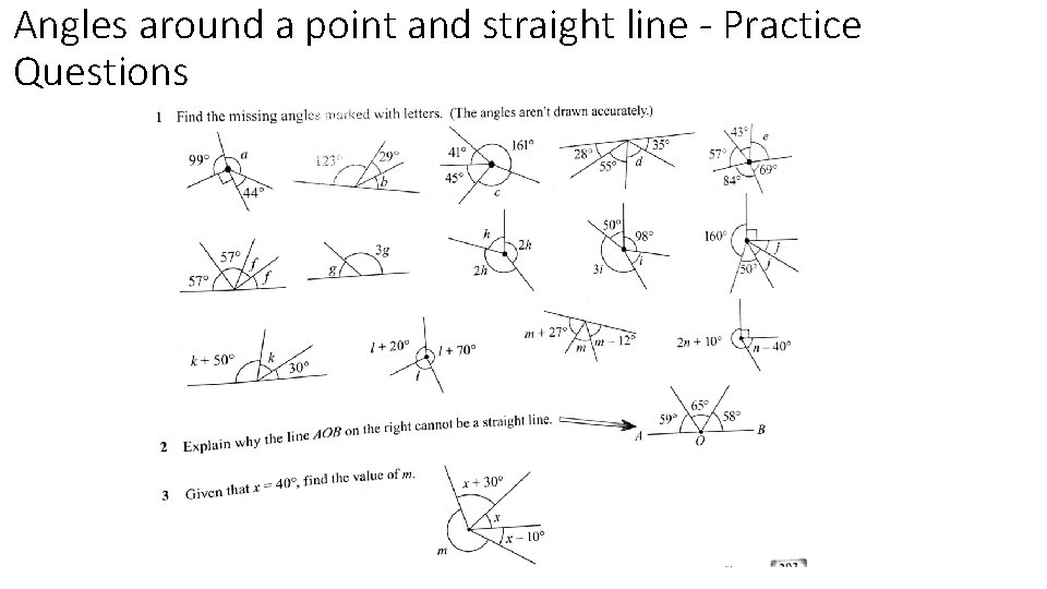 Angles around a point and straight line - Practice Questions 