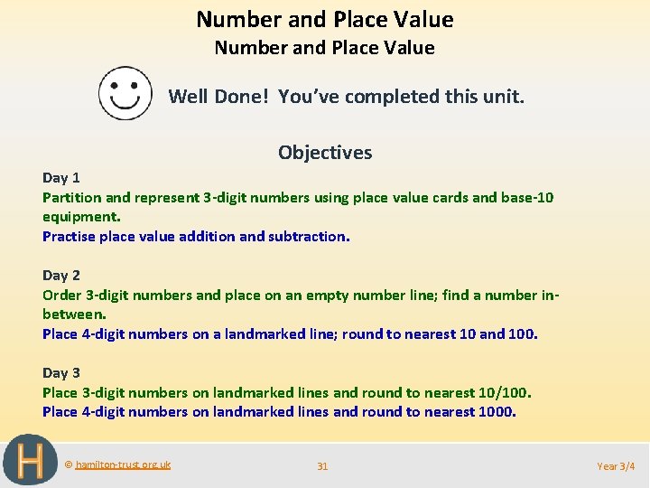 Number and Place Value Well Done! You’ve completed this unit. Objectives Day 1 Partition