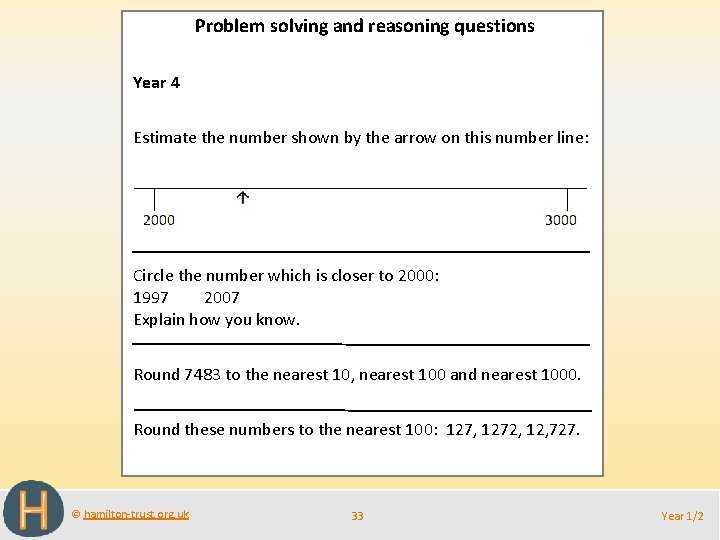 Problem solving and reasoning questions Year 4 Estimate the number shown by the arrow