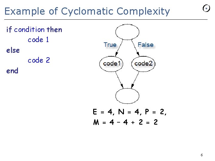 Example of Cyclomatic Complexity if condition then code 1 else code 2 end E Example of Cyclomatic Complexity if condition then code 1 else code 2 end E