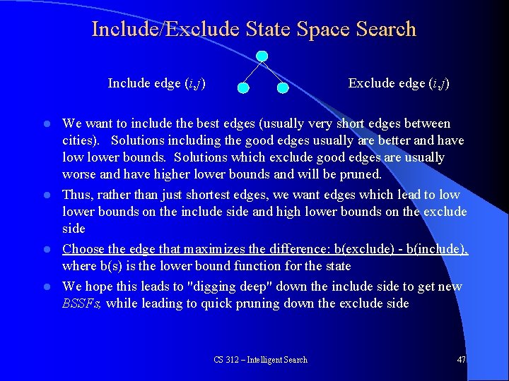 Include/Exclude State Space Search Include edge (i, j) Exclude edge (i, j) We want