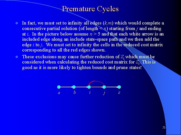 Premature Cycles In fact, we must set to infinity all edges (k, m) which