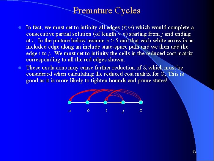Premature Cycles In fact, we must set to infinity all edges (k, m) which
