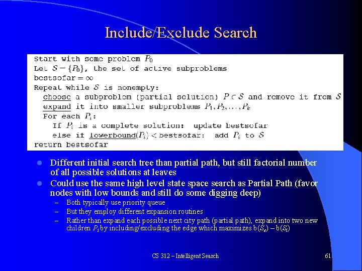 Include/Exclude Search Different initial search tree than partial path, but still factorial number of