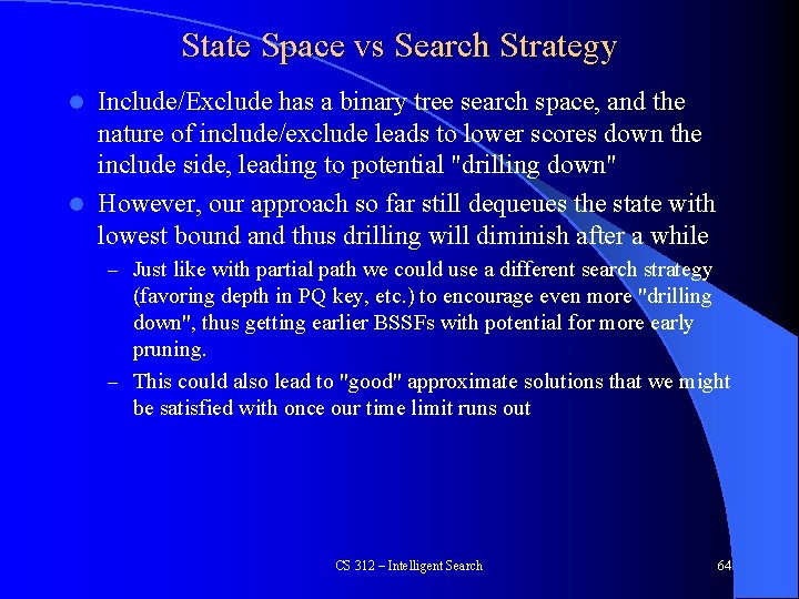 State Space vs Search Strategy Include/Exclude has a binary tree search space, and the