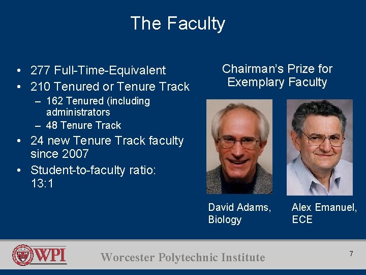 The Faculty • 277 Full-Time-Equivalent • 210 Tenured or Tenure Track Chairman’s Prize for
