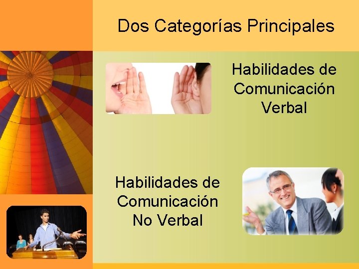 Dos Categorías Principales Habilidades de Comunicación Verbal Habilidades de Comunicación No Verbal 