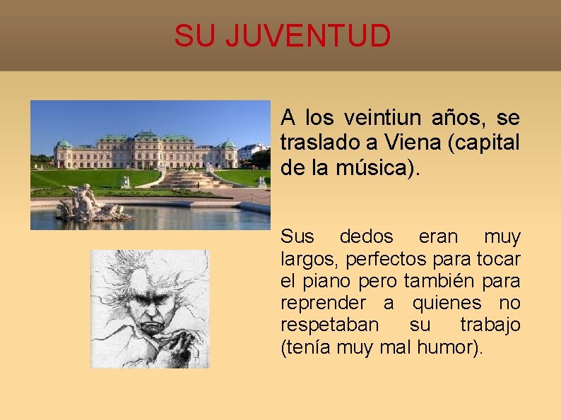 SU JUVENTUD A los veintiun años, se traslado a Viena (capital de la música).