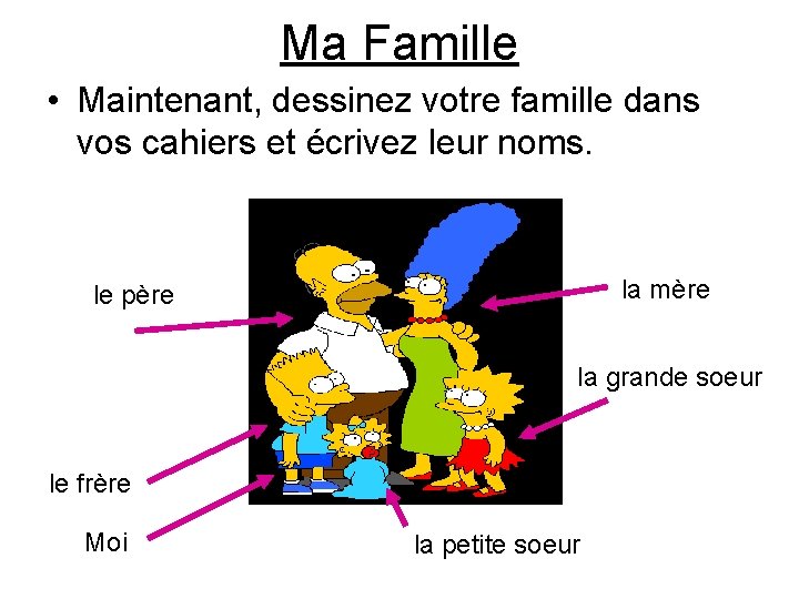 Ma Famille • Maintenant, dessinez votre famille dans vos cahiers et écrivez leur noms.