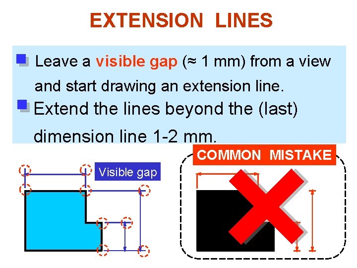 EXTENSION LINES Leave a visible gap (≈ 1 mm) from a view and start