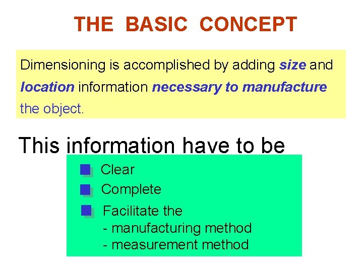 THE BASIC CONCEPT Dimensioning is accomplished by adding size and location information necessary to