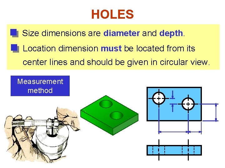 HOLES Size dimensions are diameter and depth. Location dimension must be located from its