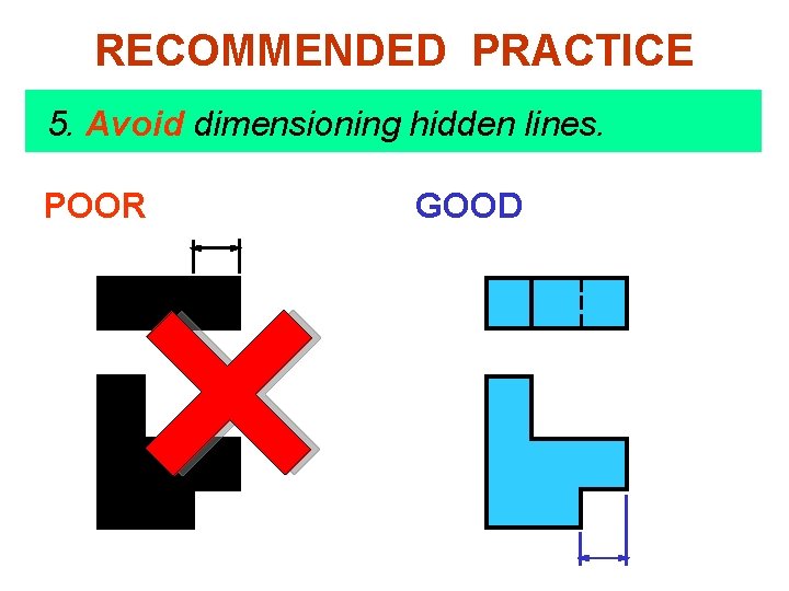 RECOMMENDED PRACTICE 5. Avoid dimensioning hidden lines. POOR GOOD 