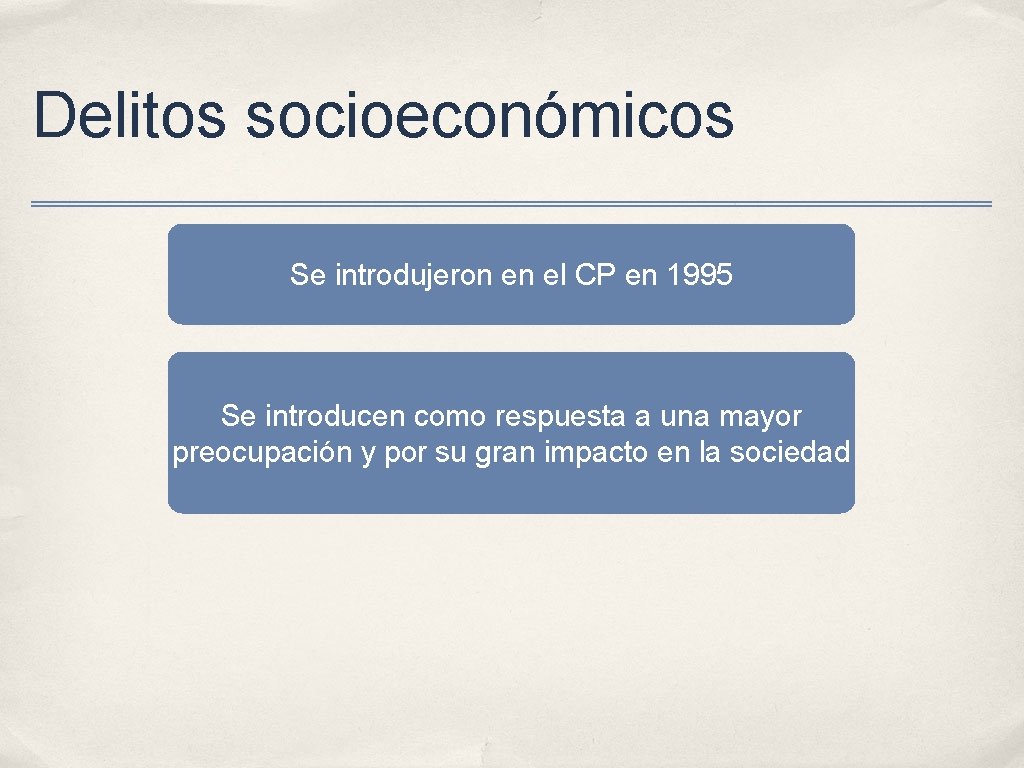 Delitos socioeconómicos Se introdujeron en el CP en 1995 Se introducen como respuesta a