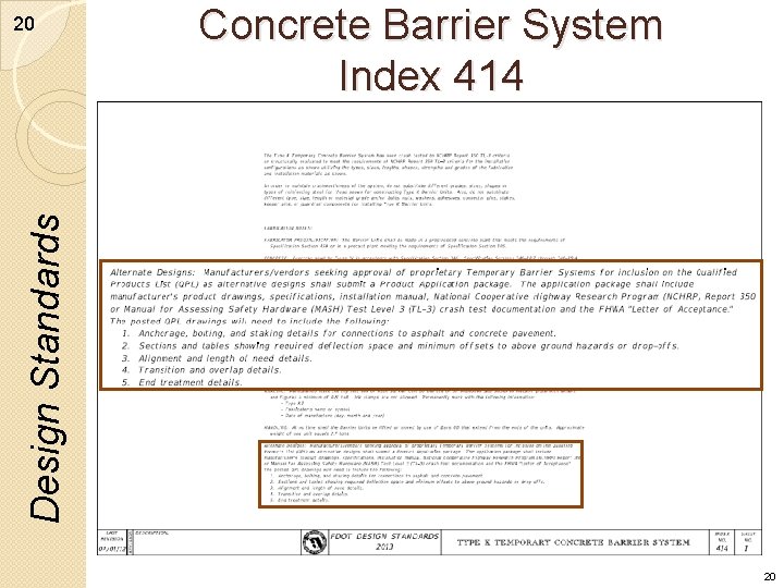 Concrete Barrier System Index 414 Design Standards 20 20 