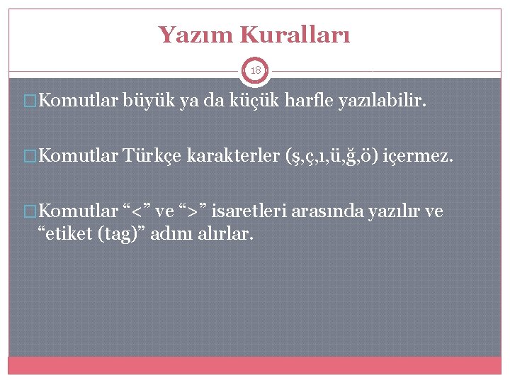 Yazım Kuralları 18 �Komutlar büyük ya da küçük harfle yazılabilir. �Komutlar Türkçe karakterler (ş,