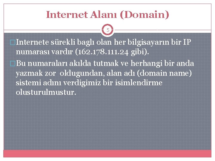 Internet Alanı (Domain) 5 �Internete sürekli baglı olan her bilgisayarın bir IP numarası vardır
