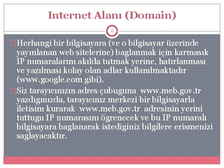 Internet Alanı (Domain) 6 �Herhangi bir bilgisayara (ve o bilgisayar üzerinde yayınlanan web sitelerine)