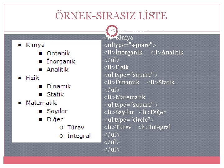 ÖRNEK-SIRASIZ LİSTE <ul 63 type="disc"> <li>Kimya <ultype="square"> <li>İnorganik <li>Analitik </ul> <li>Fizik <ul type="square"> <li>Dinamik