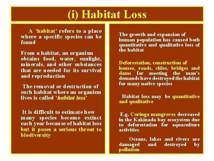 (i) Habitat Loss A ‘habitat’ refers to a place where a specific species can