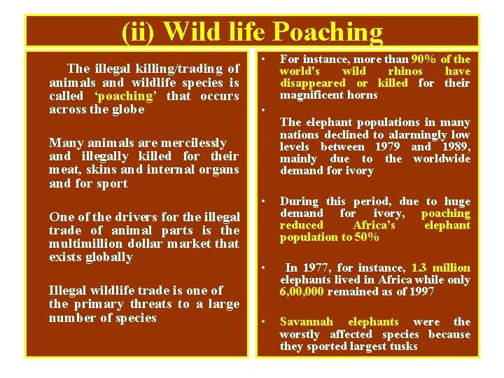 (ii) Wild life Poaching The illegal killing/trading of animals and wildlife species is called