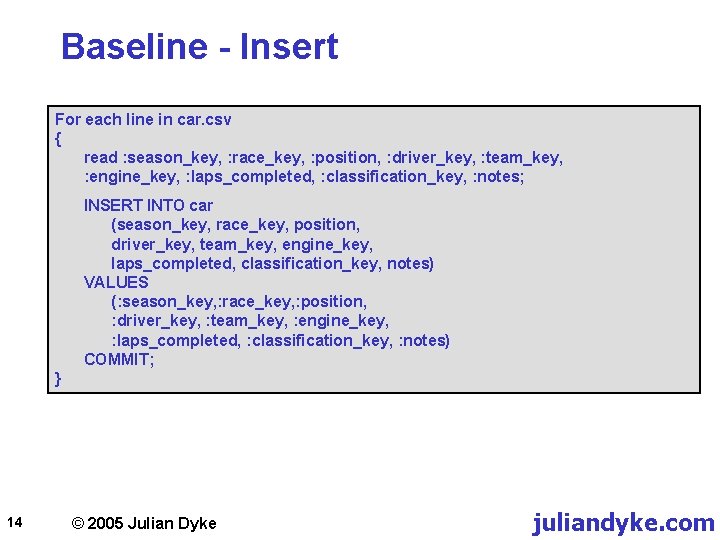 Baseline - Insert For each line in car. csv { read : season_key, :