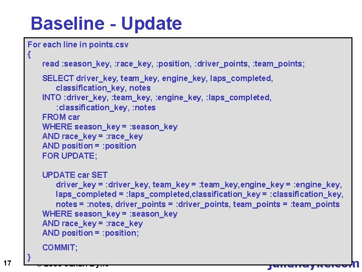 Baseline - Update For each line in points. csv { read : season_key, :