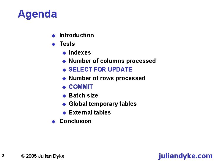 Agenda u u u 2 Introduction Tests u Indexes u Number of columns processed