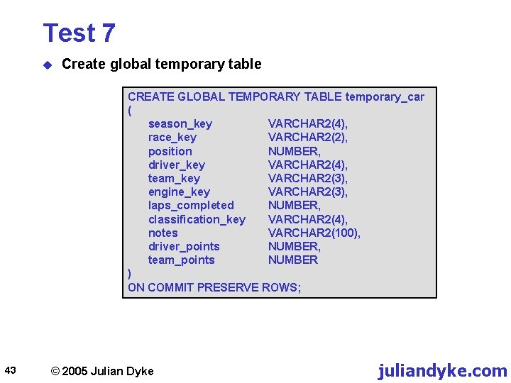 Test 7 u Create global temporary table CREATE GLOBAL TEMPORARY TABLE temporary_car ( season_key