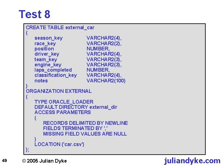 Test 8 CREATE TABLE external_car ( season_key VARCHAR 2(4), race_key VARCHAR 2(2), position NUMBER,