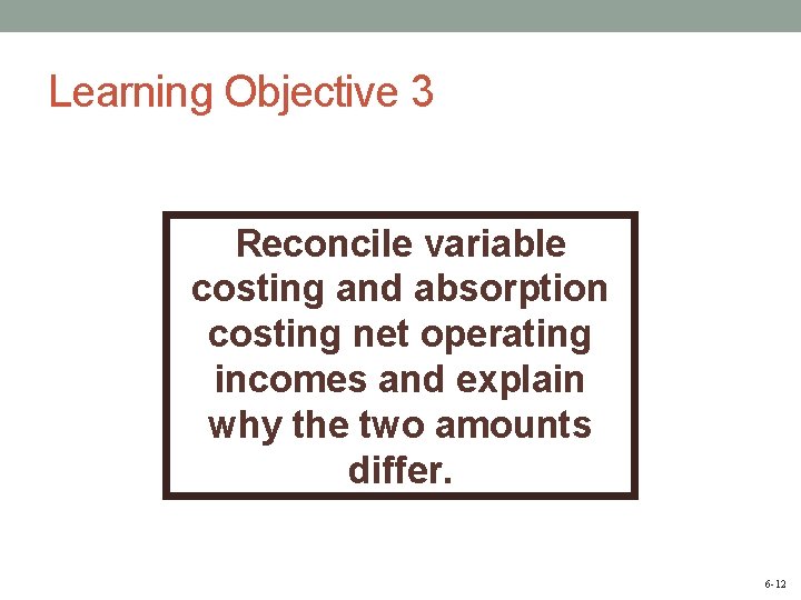 Learning Objective 3 Reconcile variable costing and absorption costing net operating incomes and explain