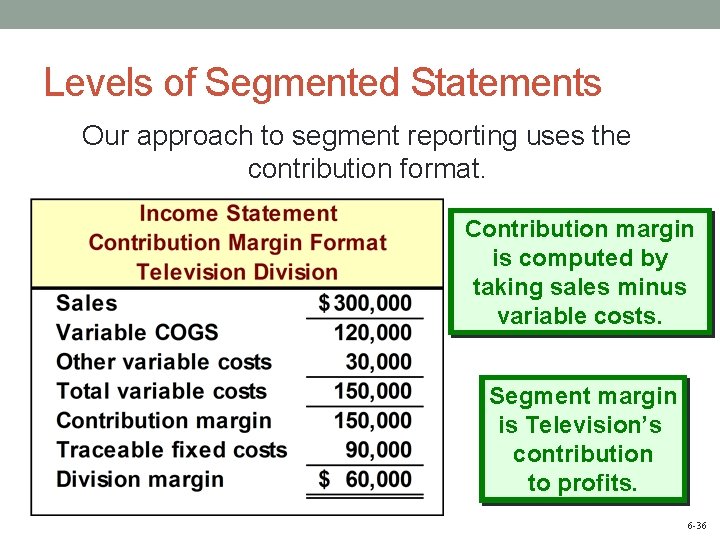 Levels of Segmented Statements Our approach to segment reporting uses the contribution format. Contribution