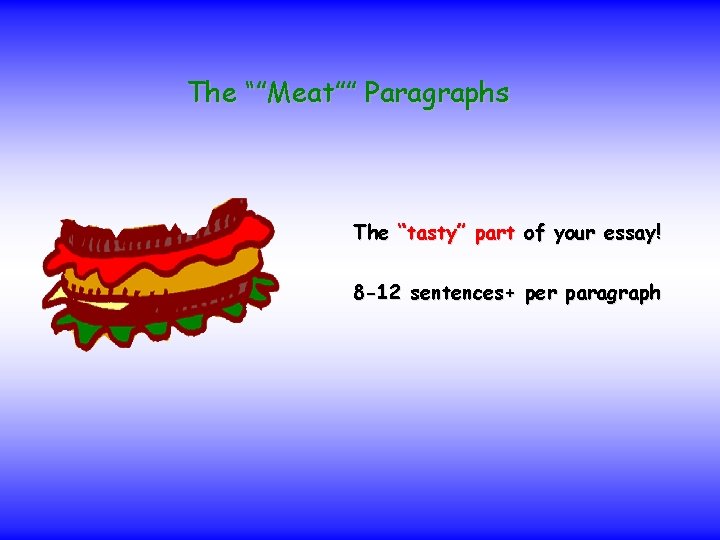 The “”Meat”” Paragraphs The “tasty” part of your essay! 8 -12 sentences+ per paragraph